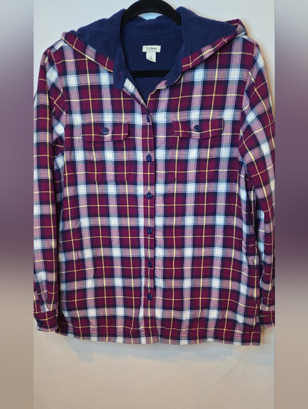 L.L. Bean Burgundy Plaid Fleece Lined Hooded Flannel Shacket Small